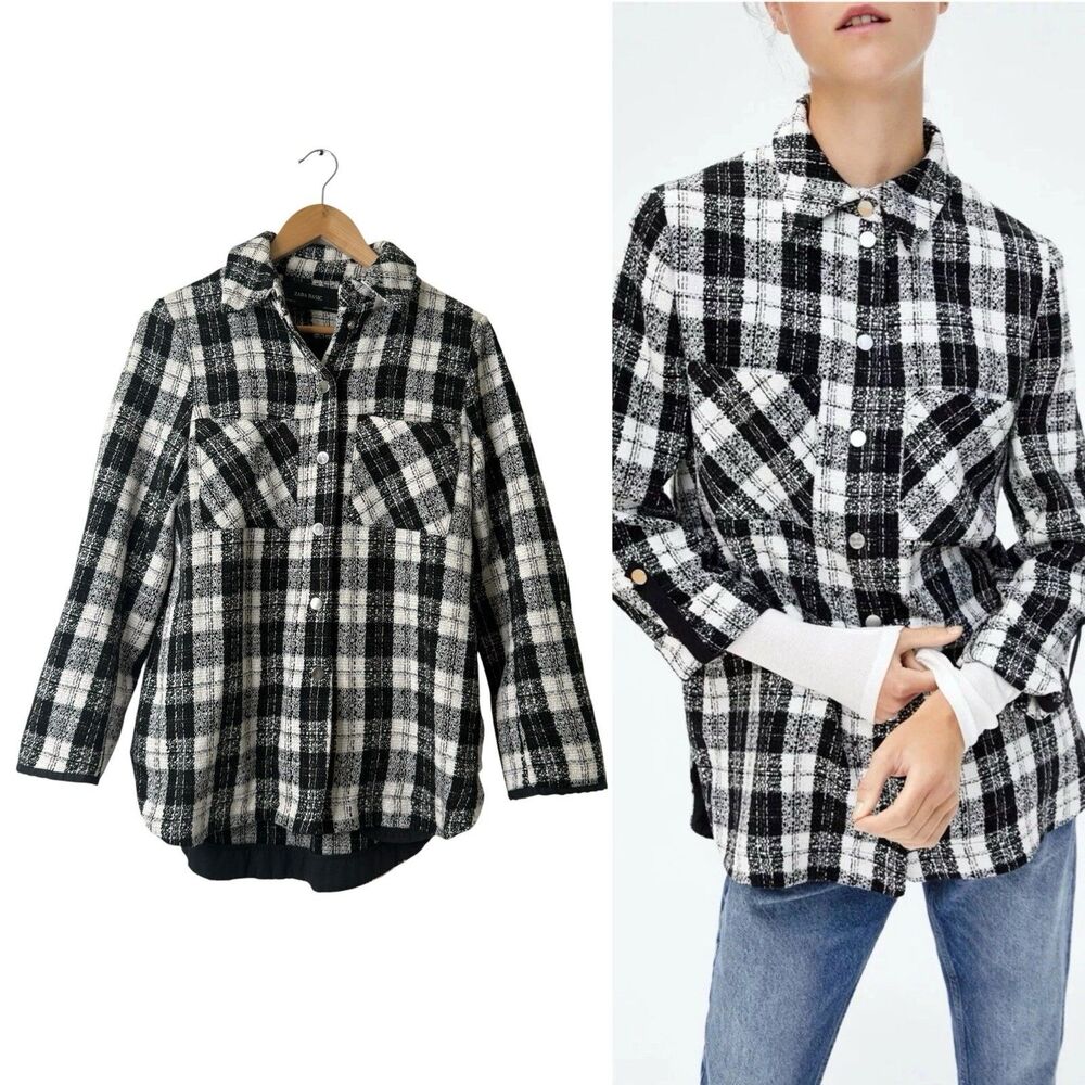 ZARA Basic Plaid Soft Tweed Shacket Women’s XS Oversized Overshirt Grunge